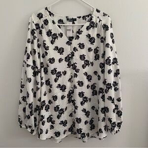 Lane Bryant White and Black Rose Floral Print Blouse